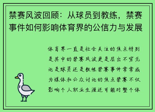 禁赛风波回顾：从球员到教练，禁赛事件如何影响体育界的公信力与发展