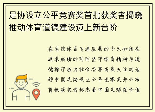 足协设立公平竞赛奖首批获奖者揭晓推动体育道德建设迈上新台阶